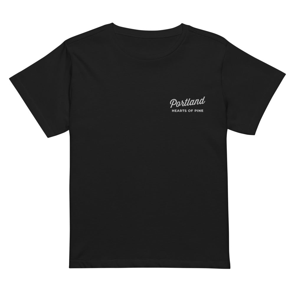 Portland Hearts of Pine Embroidered Script Team Women's Cropped T-Shirt Black